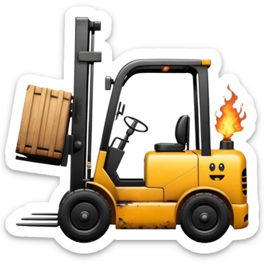 ugly, broken forklift after the explosion with emoji of blowing sticker