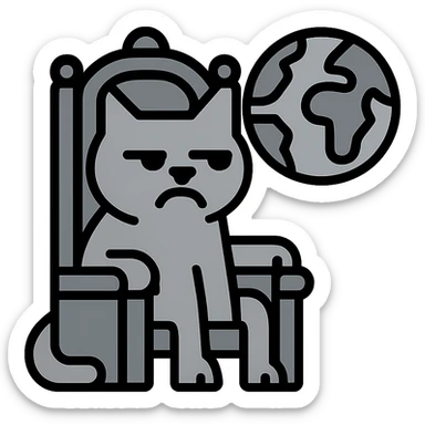 A gray cat with a black nose sitting on a throne looking at the world with disgust sticker