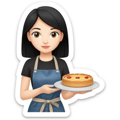 waitress with black hair and a food plate with a black tshirt and ª jeans apron. with a bigger plate and the plate with a cover  sticker