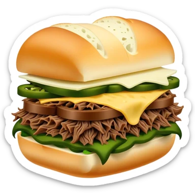 Chicago Italian cheesy beef sandwich. Italian bread, shredded beef, white provolone cheese, green peppers. sticker