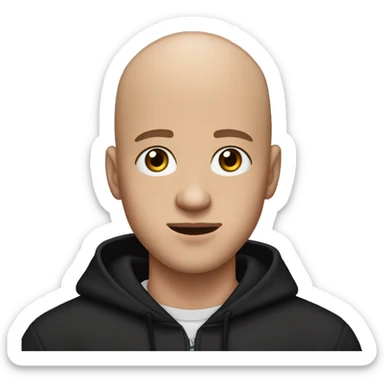 a bald guy of 20 years old with a blush on his cheeks, brown eyes and a small diamond earring in his left ear looks at us indifferently, dressed in a black oversized hoodie and holding a microphone in his hands sticker