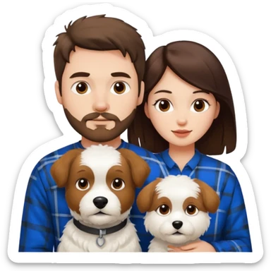 scottish man with stubble, brunette woman and one fully pure white fluffy dog sticker