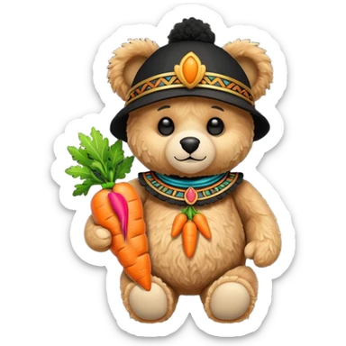 teddy bear, wearing black mayan ancient custome, with carrot sticker