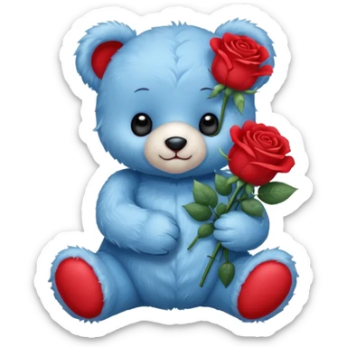 cute blue baby teddy bear holding roses  sticker