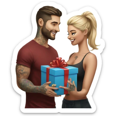 Hyper Realistic beautiful woman receiving a gift from a handsome tattooed man  sticker