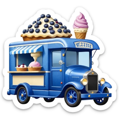 shiny-dark-blue crystal-bodied frozen blueberry muffin, pie, and ice cream, 1912 antique long-wheelbase cab over durable-looking low rider moving truck food truck  sticker