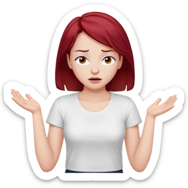 younger woman shrugging, eyes closed, white t-shirt, dark red hair sticker