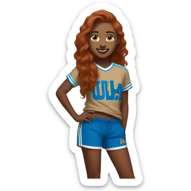 redhead college student wearing a ucla shirt, brown shorts, and adidas sambas sticker