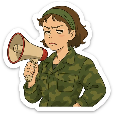 ghibli style woman with green headband, camo jacket, holding a megaphone, disdainful expression sticker
