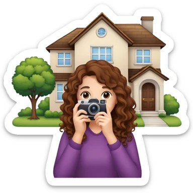Woman with long curly hair taking a photo of a house sticker