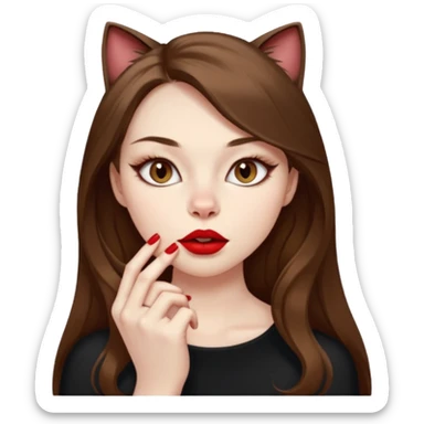 A girl with long brown hair, cat's eye eyeliner, light brown eyes, pale skin and red lipstick biting her nails nervously. sticker