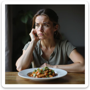vertical 9:16 portrait of a woman with PCOS sitting at a table with a ketogenic plate, doubtful expression, face with acne and facial hair, thinning hair, realistic atmosphere, hyperrealistic 4K details sticker