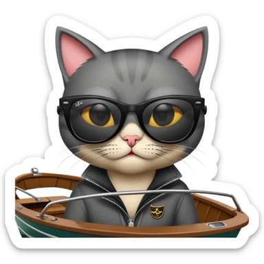 a bad kitty behind the helm of a boat. make the cat look devlishish with a pair of black ray bans wayfers on. driving the boat sticker