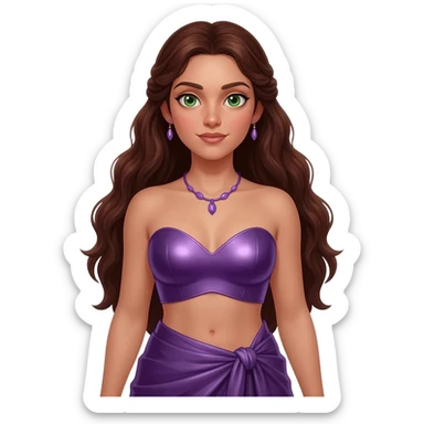 Persephone from Greek Mythology with green eyes, long dark auburn hair, deep purple metallic sweetheart crop top, deep purple metallic wrap long skirt, pale purple necklace and earrings sticker