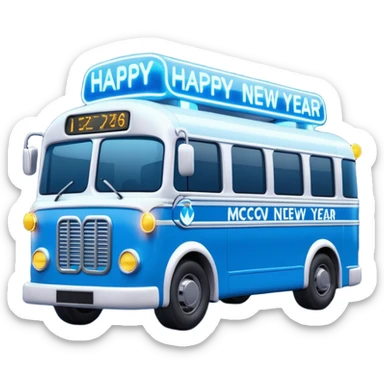3D emoji of a modern blue
Moscow Electrobus decorated with glowing neon Christmas lights and a
"Happy New Year" digital sign on the front. Stylized 3D model, glossy finish, cute proportions, vibrant blue color, isolated on a white background. sticker