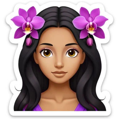 Upclose, black long hair tanned woman, orchid flowers in hair  sticker