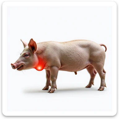 Realistic pig on isolated white background, thyroid area on neck highlighted in red, clear anatomical details, hyperrealism, 4K quality, pig with head turned to the side sticker