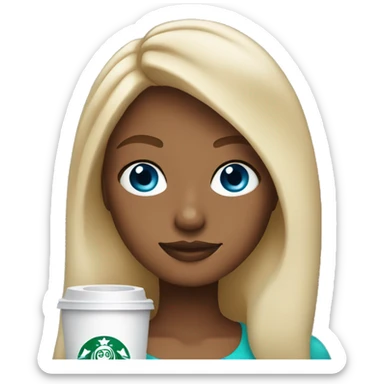 blonde girl blue eyes with Starbucks cup drink sticker