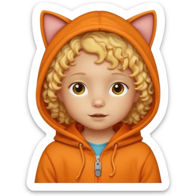 little kid Toddler in orange cat hoodie, curly blonde hair sticker