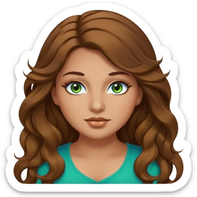 Girl girl long wavy brown hair, green/blue/gold eyes, plus size, thick eyelashes, tan skin,  sticker