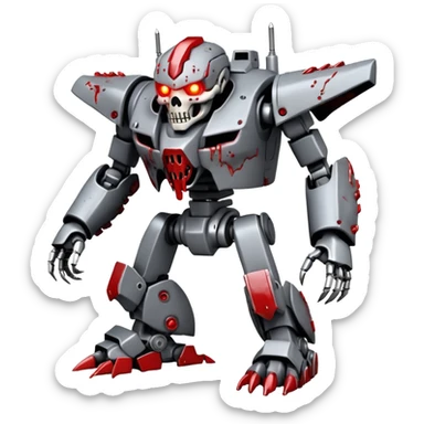 An all Grey metal evil mega zord tech bot with blood and glowing eyes in the style of your bleeding skull art, full body, rushed and worn from surviving the apocalypse, mostly Grey but splattered with blood, in a futuristic steam.punk cyber punk style sticker