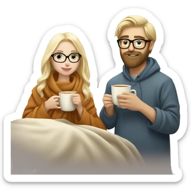 Pale blonde girl wearing glasses drinking tea under blanket with bearded brunette man sticker