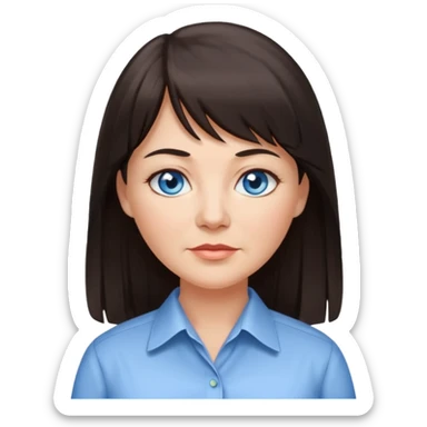 50 yr old woman, blue eyes, long straight dark brown hair, business shirt, chubby, bangs sticker