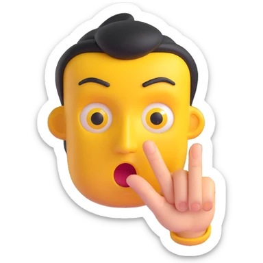 3D emoji of a yellow face with stern eyes and finger up, 'be quiet' gesture sticker