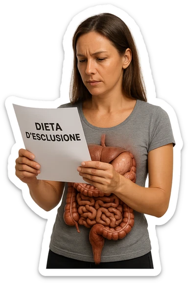donna con intestino umano anatomico in evidenza che legge un foglio con la scritta "DIETA D'ESCLUSIONE, iperrealistica 4k sticker