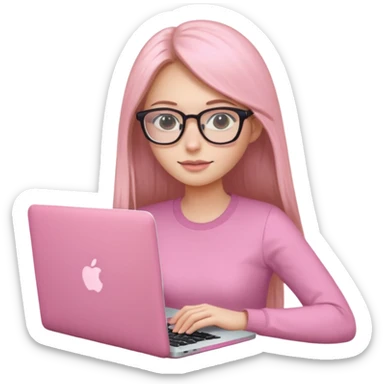 Mujer lacia peli larga y peli larga  en una MacBook rosa investigando y haciendo tareas con un libro de apuntes y con cara muy linda como modelo sticker