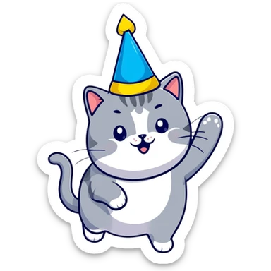 Joyful British shorthair blue cat with excited expression wearing a party birthday hat sticker