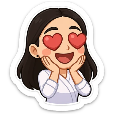 Create a chibi sticker of the girl from the reference image with heart eyes, expressing being in love. Use 3D bitmoji style with a white outline and transparent background. sticker