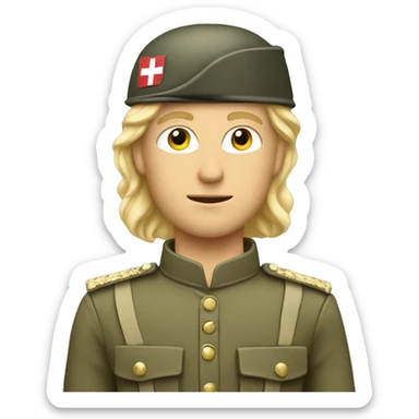 A swiss soldier, that is blond and looks not amuse. He has a light lipbeard sticker