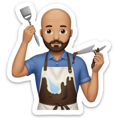 A bald man with a dark brown beard cutting someone’s hair eating poop sticker