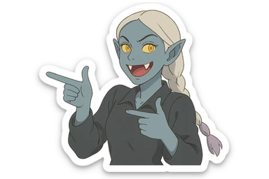 1 female, single long white braid with lavender tips. Vampire with blue skin and glowing gold yellow eyes. Meme pose sticker