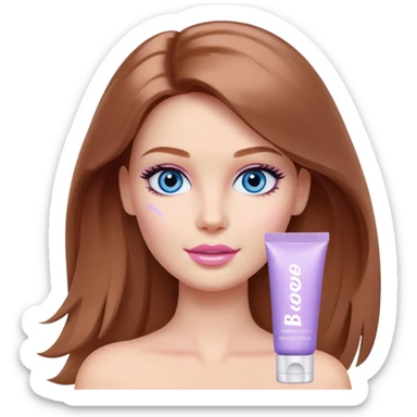 Barbie girl Chestnut Shoulder-length hair and blue eyes is In pale purple smears by hand cosmetic cream on her face sticker
