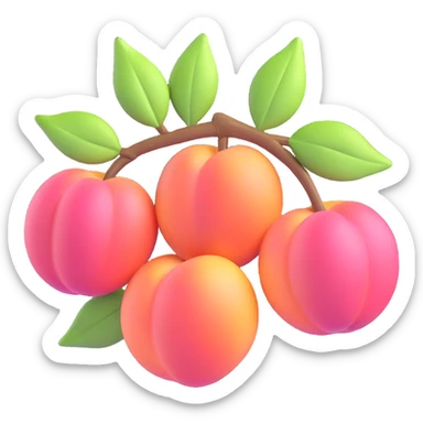 Edit the image to depict a branch with four pink peaches and pale leaves in a shiny and glossy 3D iOS emoji style on a transparent background. sticker
