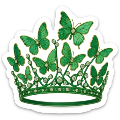 butterfly crown with a green base, fewer butterflies in various green enamel shades, sparkling gems sticker