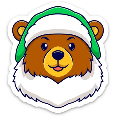 Cute grizzly bear face with green eyes, wearing a white fur hat with golden Russian coat of arms in the middle sticker