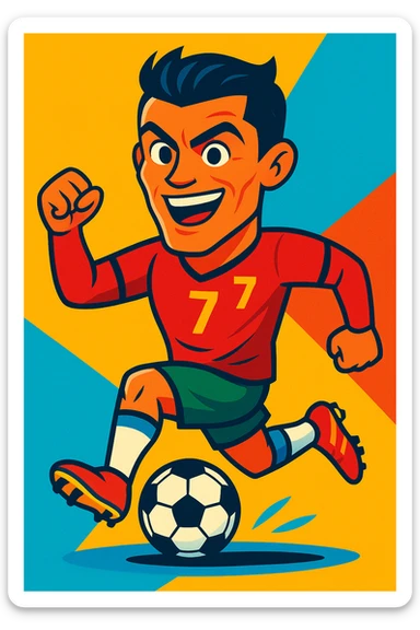 Christiano Ronaldo as a cartoon footballer, energetic pose, vibrant colors, iconic hairstyle, football at his feet sticker