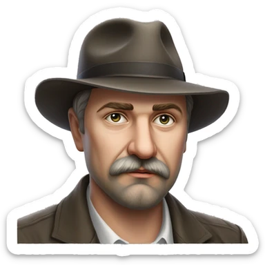 Russian writer Alexander Kuprin Photorealism A plump serious man of Slavic appearance with Small eyes with goatee beard and mustache, with a  short haircut, big detailed face, wrinkled face, wearing a fedora hat sticker