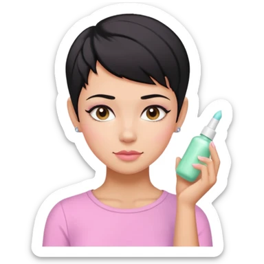 tan girl pink shirt with black hair & a pixie, cut no earrings, doing pastel colors skin care sticker