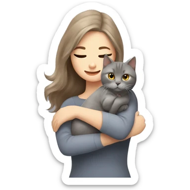 small British shorthair grey cat hugging long brown hair white woman sticker