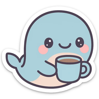 smiling whale with a blue coffee cup, cozy and delightful sticker