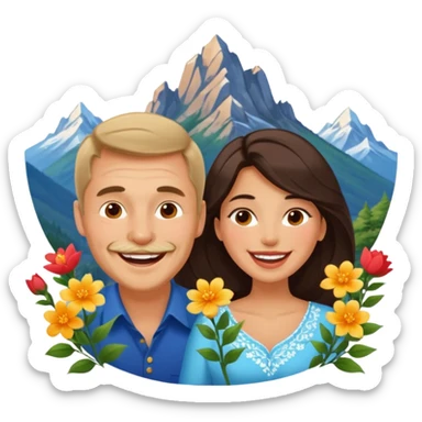 Laughing Couple traveling in Montenegro russian man and elegant  Latina girl delicate flowers and mountains in the background sticker