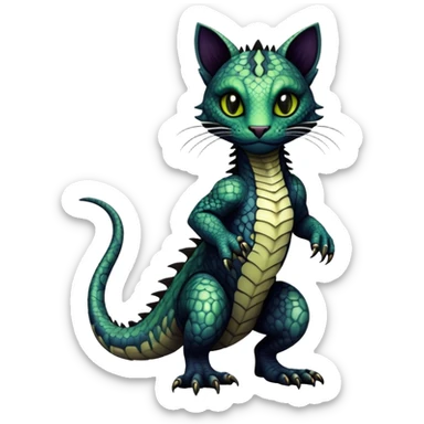 a dark gothic edgy reptilian feline-vernid-fionbri-creature with splash patterns full body sticker
