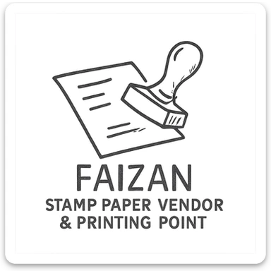 logo for 'Faizan Stamp Paper Vendor & Printing Point', classic rubber stamp and paper illustration, red and black colors, traditional and trustworthy look, clear business name sticker