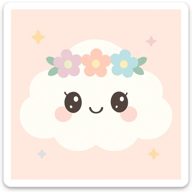 a white cloud with a flower crown and gentle feminine details, cute girly look, pastel colors sticker