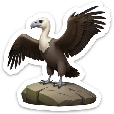 a vulture — large bird with dark brown feathers, bald WHİTE head, curved beak and sharp eyes — standing proudly on a rock — wings slightly open — realistic yet cute cartoon emoji look, clean lighting, soft shadows. sticker
