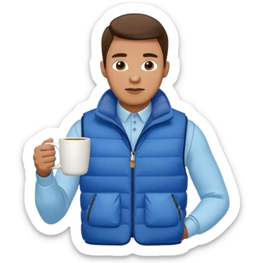 full length man with white long sleeve shirt and blue puffy winter vest with no pockets holding a coffee mug in front of him and nothing in his other hand sticker